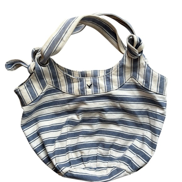 AE Striped Canvas Hobo Slouch Bag Double Knotted Handles Blue White Lined Beach - Picture 1 of 5